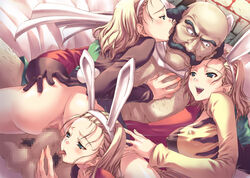 1boy 3girls ass ass_grab bald beard breast_grab breasts bunny_ear bunny_girl bunny_girl_(dq8) censored clothing dragon_quest dragon_quest_viii erect_nipples erect_nipples_under_clothes facial_hair fellatio female groping group_sex harem male medium_breasts morie's_monstrous_pit morrie_mozzarella mosaic_censoring multiple_subs nipples penis pimp pussy sex straight tomose_shunsaku tongue vaginal_penetration vaginal_sex