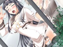 blush censored cum cum_inside cumdrip from_behind game_cg nishijima_mio okara open_mouth saliva school_uniform sex thighhighs window yuuwakuppoi!