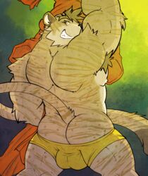 1boy anthro anus ass balls feline fur furry looking_at_viewer looking_back male male_only mooning muscles rikitsu solo speedo tiger underwear undressing yellow_underwear yutari