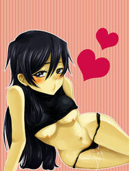 1girls black_hair black_panties blush breasts code_geass cum female heart lelouch_lamperouge long_hair luluko lying midriff neginukiramen nipples panties pout purple_eyes pussy_juice rule_63 shirt_lift solo underwear