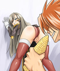 1boy 1girls ass bent_over blue_eyes brown_hair censored clothes corn female food food_play from_behind grey_hair leaning_forward long_hair looking_back luke_fon_fabre male panties_aside pussy shunzou tales_of_(series) tales_of_the_abyss tear_grants thighhighs