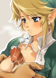 1boy 1girls blonde_hair blue_eyes blush breast_grab breasts censored cleavage clothing cum cum_in_mouth cum_on_body cum_on_breasts cum_on_upper_body earrings female genderswap_(mtf) jewelry large_breasts link link_(twilight_princess) male nintendo open_clothes open_shirt paizuri penis pointless_censoring pointy_ears rule_63 straight straight_hair the_legend_of_zelda titfuck twilight_princess yajiro_masaru