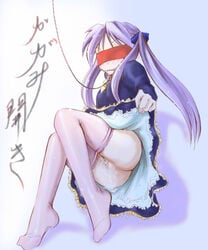 blindfold blush bondage cleave_gag collar cum cum_inside feet female female_only gag gagged hair_ribbon human jason_(kaiten_kussaku_kikou) jiei_son kagami_hiiragi long_hair lucky_star no_panties purple_hair pussy ribbon skirt skirt_lift solo text thighhighs tied_hair translated twintails uncensored white_legwear