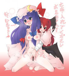 akihara_nakuru blush breasts censored female female_only hat head_wings human koakuma mukyuu multiple_females patchouli_knowledge pussy pussy_juice spread_pussy succubus tears the_embodiment_of_scarlet_devil touhou translated translation_request yuri