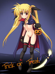 bardiche blonde_hair cape fate_testarossa gloves halloween long_hair lyrical_nanoha mahou_shoujo_lyrical_nanoha masakichi_(crossroad) naked_cape nipples nude red_eyes scythe solo thighhighs tied_hair twintails uncensored very_long_hair