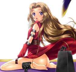 ass barefoot blue_eyes blush bottomless brown_hair code_geass cuffs dress dress_lift feet long_hair no_bra no_panties nunnally_lamperouge shackles slave_uniform spoilers thigh_strap wind_lift