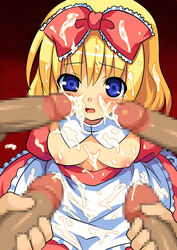 1girls 4boys blue_eyes blush breasts bukkake censored character_request copyright_request cum cum_on_body cum_on_breasts cum_on_clothes cum_on_hair cum_on_upper_body facial highres kagura_mizuki kaguradou_(company) nipples open_mouth penis ribbon ribbons source_request straight tears