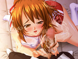 ase_nure_shoujo_misaki blush breast_press breasts censored cute_fang erect_nipples footwear game_cg hairjob nikusho orange_hair penis pov satou_misaki socks sweat