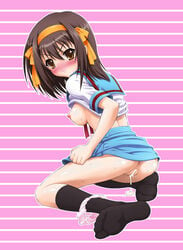 after_sex ass blush breasts brown_hair censored cum cum_inside cumdrip feet footwear hair_ribbon hair_ribbons harukaze_soyogu kneehighs legs nipples panties panties_around_leg panties_around_one_leg pussy ribbon ribbons school_uniform serafuku shirt_lift skirt skirt_lift socks suzumiya_haruhi suzumiya_haruhi_no_yuuutsu underwear yellow_eyes