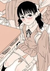 classroom clothing flat_chest glasses gusu monochrome original panties panty_pull pink pussy_juice school_desk school_uniform skirt smile straight_hair underwear