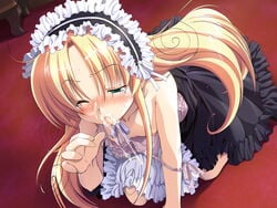 after_sex aqua_eyes blonde_hair blush cum cum_in_mouth demon_girl dress facial fellatio flat_chest game_cg gothic_lolita lolita_fashion long_hair maid melissa_seraphy oral ozawa_akifumi penis sex strap_slip tears waga_mama_capriccio wince