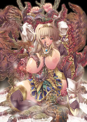 2008 alicia_(valkyrie_profile_2) blonde_hair blue_eyes blush bondage boots breasts erect_sawaru female huge_breasts long_hair molestation monster nipples open_mouth rape silme tentacles valkyrie_profile valkyrie_profile_2 zettai_ryouiki