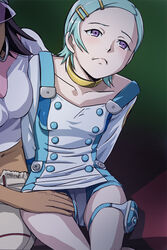 2girls blue_hair clothing eureka eureka_7 eureka_seven eureka_seven_(series) female female_only fingering frown gidget_(eureka_seven) hair_ornament hairclip hand_in_panties hand_in_pants haruyama legs_together multiple_girls panties panties_aside purple_eyes short_hair solo_focus straight_hair thigh_strap underwear yuri