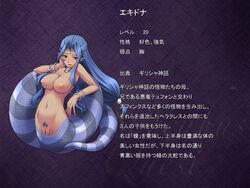 character_profile echidna_(succubus_quest) game_cg japanese_text lamia monster_girl monster_girl_profile naga official_art pointy_chin pussy scales succubus_quest text translation_request