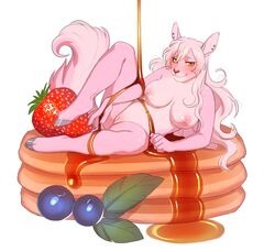 anthro blush breasts canine cervine deer female food hybrid jush looking_at_viewer mammal nipples nude pancake pussy smile solo spread_legs spreading syrup