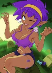 breasts clothed cosplay crop_top earrings female midriff purple_hair revenantart rottytops rottytops_(cosplay) shantae shantae_(character) shorts smile smooth_skin solo solo_female tan_skin wink winking zombie