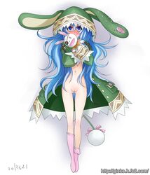 alternate_hair_length alternate_hairstyle animal_ears blue_eyes blue_hair blush bunny bunny_ears date_a_live female ginko_(silver_fox) hand_puppet himekawa_yoshino hood kneehighs long_hair long_sleeves navel puppet pussy solo uncensored very_long_hair yoshinon