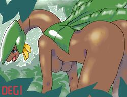 all_fours anthro anthrofied blue_eyes blush breasts brown_skin butt color degi female female_only nude outdoors pokemon pokemon_rse pokemorph side_view solo tropius video_games