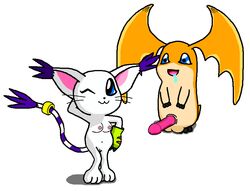 1boy 1girls angelgatomon_(artist) animal_genitalia animal_penis anthro balls ballsack color digimon erection female fur furry gatomon interspecies male nipples nude patamon penis scrotum smooth_penis straight tail testicles toony