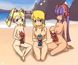 3girls alia android axl_(mega_man) beauty_mark big_breasts breasts dark_skin female female_only female_pubic_hair flat_chest kneeling layer long_hair maduin mega_man mega_man_x mole multiple_girls nipples pallette pubic_hair puffy_nipples purple_hair pussy reploid shaved sitting tears tied_hair twintails very_long_hair x_(mega_man) zero_(mega_man)