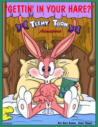 1990s 1995 20th_century anthro babs_bunny bed book bow breasts english_text female female_only fingering front_view fur furry furry_breasts furry_ears indoors looking_at_viewer lying mammal masturbation nude on_back pillow pussy_juice rabbit solo tagme teeny_toon text tiny_toon_adventures uncensored