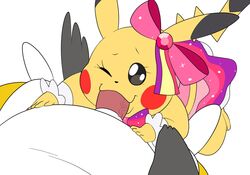 1boy ambiguous_gender belly bow brown_eyes clothed_sex clothing cosplay_pikachu costume dress emolga eroborus eyelashes fellatio first_person_view flying_squirrel furry girly hands_on_belly interspecies long_ears looking_up male male_pov mammal nintendo one_eye_closed oral penis pikachu pikachu_pop_star pokémon_(species) pokemon pokemon_bw pokemon_oras pov ribbon ribbons rodent smile standing tail veins veiny_penis video_games white_background wince yellow_fur