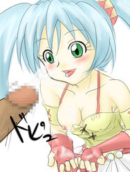 armband bakugan bakugan_battle_brawlers bare_shoulders blue_hair blush breasts censored fingerless_gloves gloves green_eyes long_hair nipple_slip nipples one_breast_out penis penis_awe runo_misaki_(bakugan) smile takappe tied_hair tongue twintails