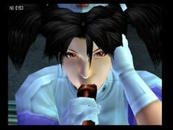 3d alice_nonomura black_hair bloody_roar dark-skinned_male dark_skin fellatio interracial looking_at_viewer oral_sex penis penis_grab penis_lick red_eyes tagme twintails unseen_male_face