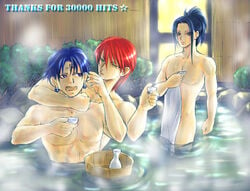 3boys black_hair chrollo_lucilfer hisoka_morow human human_only hunter_x_hunter illumi_zoldyck male male_only no_visible_genitalia onsen red_hair sake tagme towel