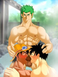 3boys bara gay green_hair human male male_only multiple_males one_piece oral portgas_d_ace roronoa_zoro straight_hair yaoi