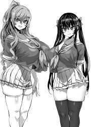 2girls asanagi bimbo breasts fangs gigantic_breasts greyscale grin hair_ribbon highres huge_breasts monochrome multiple_girls original ponytail ribbon school_uniform skindentation smile thick_thighs thighhighs thighs twintails white_background