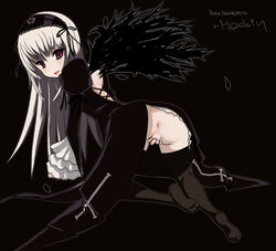 1girls all_fours anus ass bent_over black black_wings color female female_only fingering footwear from_behind gothic highres looking_back madkaiser maduin masturbation pale_skin presenting purple_eyes pussy red rose rozen_maiden silver_hair smile socks solo suigintou thighhighs white_hair wings