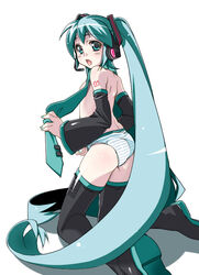 1girls ass back blue_eyes blue_hair boots detached_sleeves female flat_chest green_eyes green_hair hatsune_miku headphones kneeling long_hair looking_back necktie nipples panties solo striped striped_panties thigh_boots thighhighs tied_hair topless twintails underwear very_long_hair vocaloid yoshihara_maito zettai_ryouiki