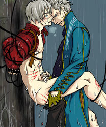 2boys against_wall anal arms_behind_back blood blue_eyes blush bondage bottomless brother brothers cum dante defeated devil_may_cry drooling fingerless_gloves forced_orgasm forced_yaoi gay gloves handjob incest male male_anal male_only outdoors rain rape scratches silver_hair soaked suspension tears trenchcoat twins vergil yaoi