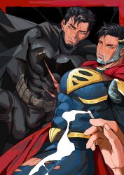 3boys after_fellatio arms_behind_back bara batman batman_(series) black_cape black_hair blue_bodysuit blue_eyes bodysuit bruce_wayne cape cigarette clark_kent cum cum_on_boy dc dc_comics doufujintianxianle facial facial_hair grey_bodysuit highres holding holding_cigarette large_pectorals male_focus male_only multiple_boys muscular muscular_male pectorals red_cape red_eyes restrained short_hair smoking superman superman_(series) torn_bodysuit torn_clothes yaoi