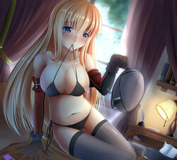 absurdres bare_shoulders bed bedroom bikini bismarck_(kantai_collection) black_swimsuit blonde_hair blue_eyes blush breasts cleavage condom desk detached_sleeves dutch_angle female gloves grey_legwear guardian-panda hat highres holding_hat kantai_collection large_breasts long_hair looking_at_viewer mouth_hold navel panties peaked_cap side-tie_bikini sitting sitting_on_bed solo strap_pull swimsuit thighhighs very_long_hair window