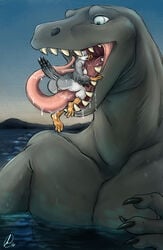 anthro ass avian bird breasts claws drooling duo feathers female forked_tongue geb gravewalker lizard macro male mawplay nude open_mouth pussy reptile saliva scalie sea seagull teeth tongue vore water