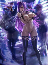 3girls alternate_costume breasts completely_nude female highres k/da_kai'sa k/da_series kai'sa large_breasts league_of_legends lipstick long_hair multiple_girls naked_footwear nipples nude purple_hair pussy sakimichan shiny_skin silhouette standing thighhighs