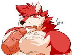 anthro canine cum cum_on_chest cum_on_face daikitei disembodied_penis duo erection humanoid_penis male mammal muscular muscular_male open_mouth pecjob pecs penis vein yaoi