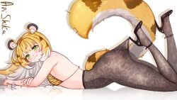 1girls arishika bikini_top blonde_female blonde_hair green_eyes heels ju_fufu ju_fufu_(zenless_zone_zero) lace_pantyhose_hooked_on_heel_(meme) lying lying_on_stomach pantyhose small_breasts solo solo_female solo_focus tail tiger tiger_ears tiger_girl tights zenless_zone_zero