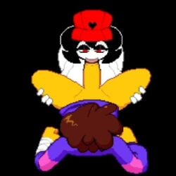 1:1 1boy 1boy1girl 1female 1girls artist_request black_background black_hair blowjob butcher_vanity_(synthesizer_v) female frisk frisk_(undertale) gameplay hat love_maniac pixel_art red_eyes red_hat sound sound_effect sound_effects tagme undertale undertale_(series) video white_body white_skin yi_xi_(synthesizer_v)