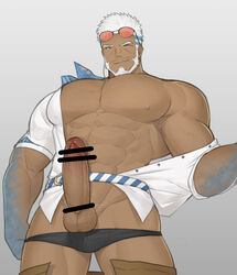 1boy abs aegir_(tokyo_afterschool_summoners) balls bara beard belt biceps black_underwear blue_eyes brown_pants censor_bar dark-skinned_male gradient_background grin male male_only muscles muscular muscular_male mustache nipples pants_down pecs penis shirt shirt_removed solo sunglasses testicles tokyo_afterschool_summoners underwear underwear_down veins white_hair white_shirt wink