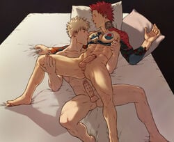 2boys abs ass balls bara bed blonde_hair blush closed_eyes eijirou_kirishima eyebrow_piercing feet genital_piercing jacob's_ladder katsuki_bakugou male male_only my_hero_academia nipple_pinch nipple_suck nippleplay pecs piercing pillow red_hair siij spread_legs tattoo thighs yaoi