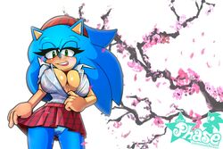 1girls 2018 anthro big_breasts bimbo black_nose blue_hair blush breasts cleavage clothed clothing cuisine female green_eyes hair hairband half-closed_eyes hedgehog hi_res lipstick long_hair looking_at_viewer makeup mammal miniskirt missphase nipple_bulge panties plaid pussy_juice rule_63 shirt shirt_pull skirt smile solo sonic_(series) sonic_the_hedgehog sonique_the_hedgehog standing sweat underwear wet_spot