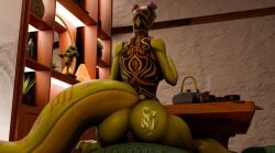 3d_(artwork) anthro anus ass back_tattoo barely_visible_breasts breasts container cup digital_media_(artwork) dreamworks female flower_on_head glistening glistening_body glistening_scales glowing green_body green_scales hi_res impaer_jaster inside kung_fu_panda long_tail master_viper nude nude_anthro nude_female plant plant_pot potted_plant rear_view reptile scales scalie sitting snake solo tail tail_tattoo tattoo thick_tail thick_thighs viper watermark