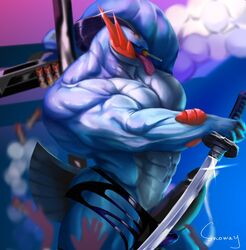 1boy abs anthro arm_up armpits ass audience big_biceps big_pecs big_penis blue_skin bulge candy clothing cum erection food gun huge_ass huge_penis jockstrap katana leaking lollipop long_penis male male_only melee_weapon muscular muscular_male nintendo no_nipples pecs penis pokémon_(species) pokemon pokemon_oras pokemon_rse pole precum ranged_weapon snoway solo stripper_pole swampert sword text thick_penis thick_thighs tongue topless underwear video_games watermark weapon white_belly wide_hips wide_shoulders