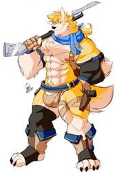 anthro bulge canine clothed clothing daikitei gun humanoid_penis looking_at_viewer male male_only mammal muscular muscular_male pecs penis penis_base pubes ranged_weapon smile solo standing underwear weapon