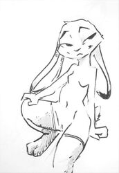 black_and_white breasts disney featureless_breasts female flat_chest judy_hopps lagomorph line_art mammal monochrome nontoxo pen_(artwork) pussy rabbit simple_background sketch solo stockings traditional_media_(artwork) white_background zootopia