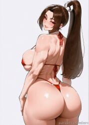 1girls ai_generated ass back bangs bare_shoulders bikini blush breasts brown_eyes brown_hair from_behind high_ponytail king_of_fighters large_breasts lips long_hair looking_at_viewer looking_back mai_shiranui micro_bikini muscular muscular_female parted_bangs parted_lips ponytail red_bikini sakaro shiny shiny_skin shiranui_mai sideboob simple_background smile solo sweat swimsuit thick_thighs thighs thong thong_bikini white_background