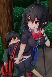 black_hair closed_eyes clothed_sex cunnilingus kneeling kredorf looking_back nue_houjuu oral outside panties panties_around_leg pointy_ears pussy_juice red_eyes sex short_hair skirt snake standing thighhighs tongue tongue_out touhou tree underwear